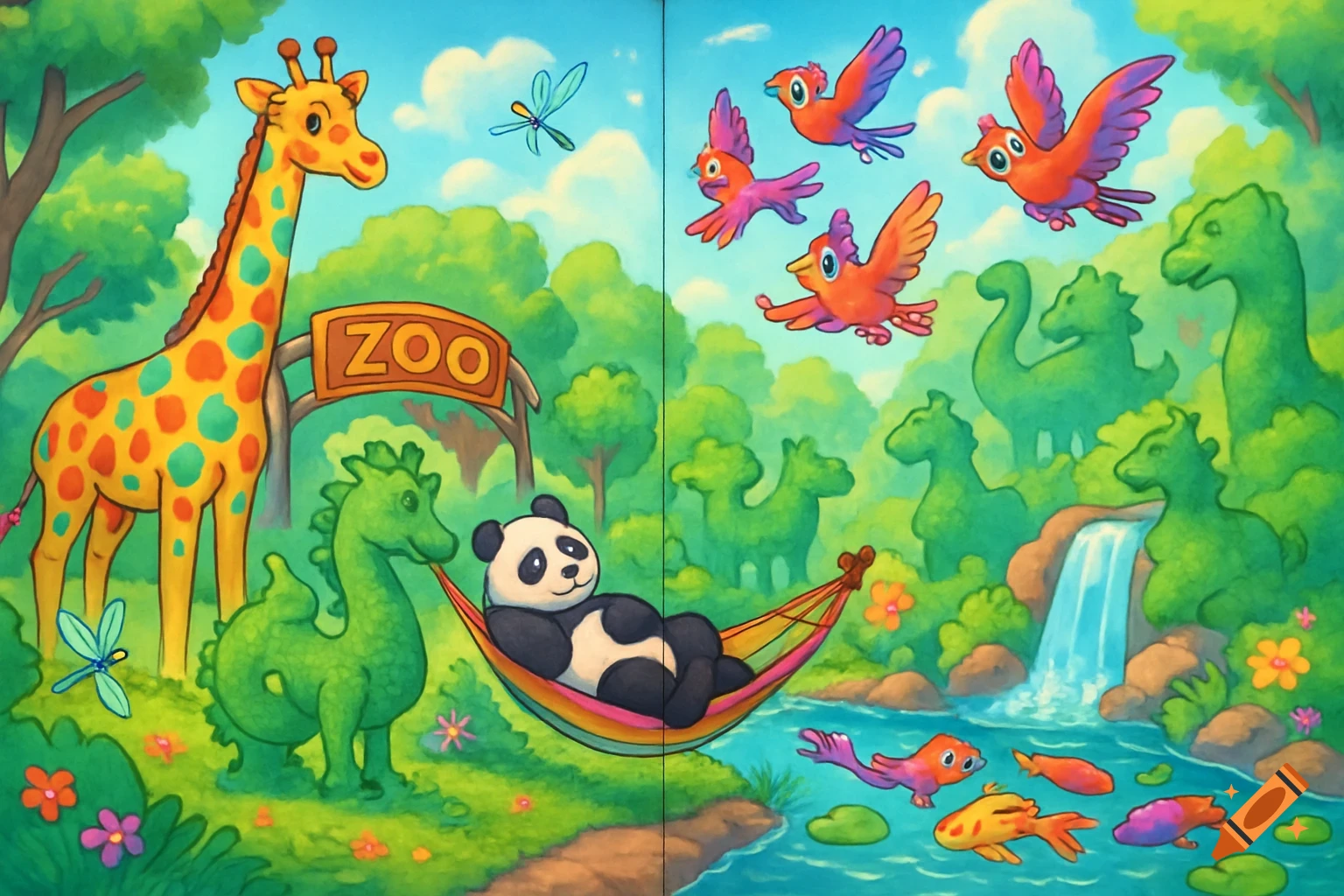 Colorful cartoon illustration of a zoo with a giraffe, a panda in a hammock, flying birds, green sculptures, and a waterfall.