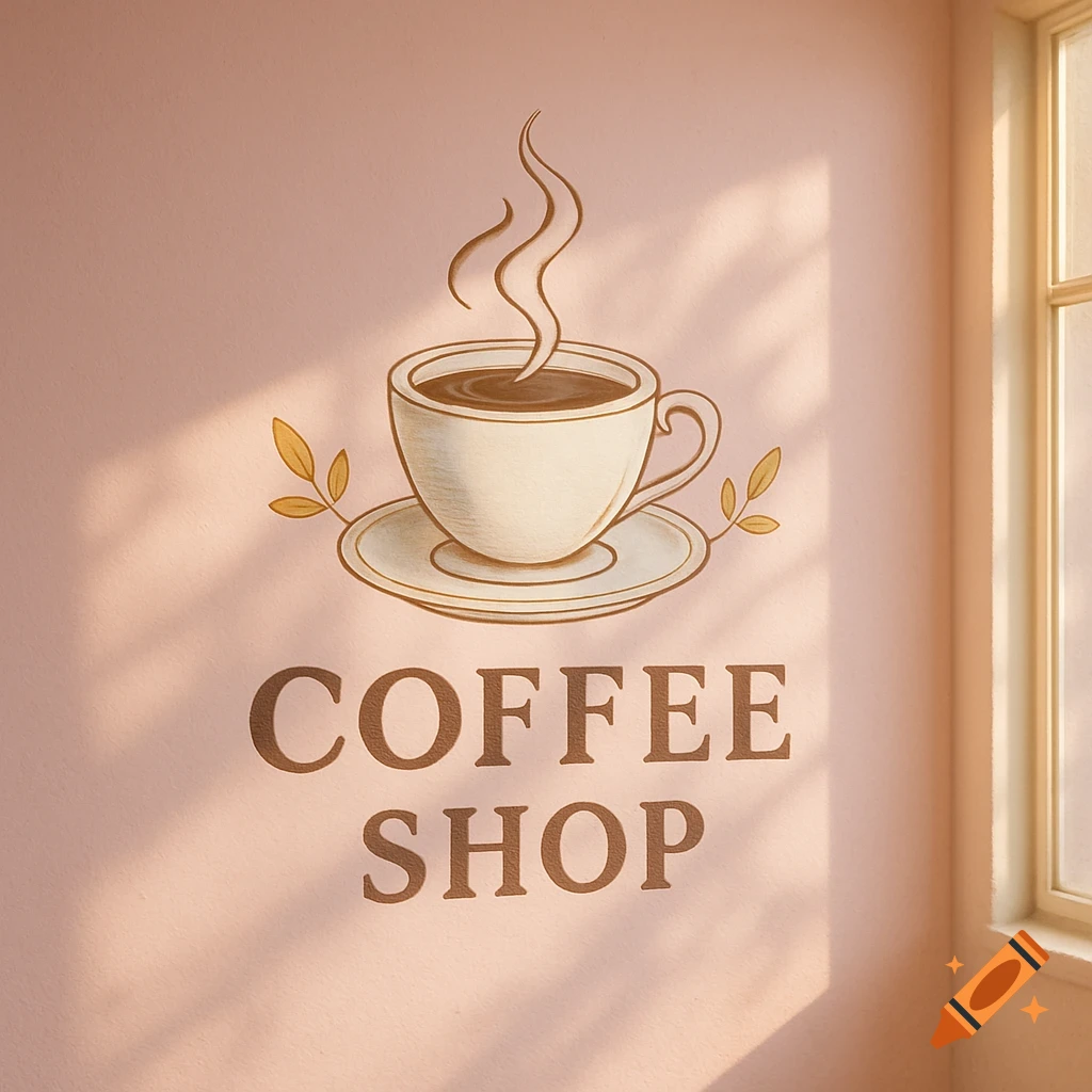 A pastel pink wall featuring a steaming coffee cup logo and the words 'COFFEE SHOP' with sunlight from a window.