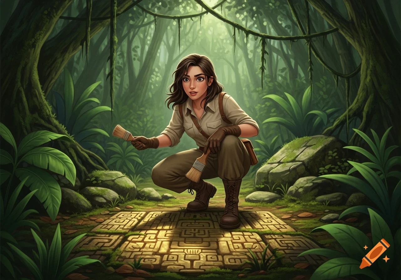 An animated female archaeologist crouches in a lush jungle, holding two brushes over ancient, stylized stone patterns on the ground.