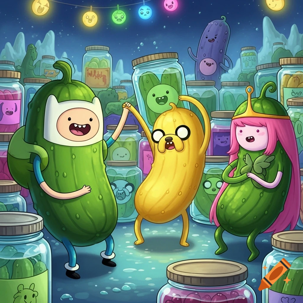 Cartoon Finn, Jake, and Princess Bubblegum as pickles dancing among glass jars under glowing string lights.