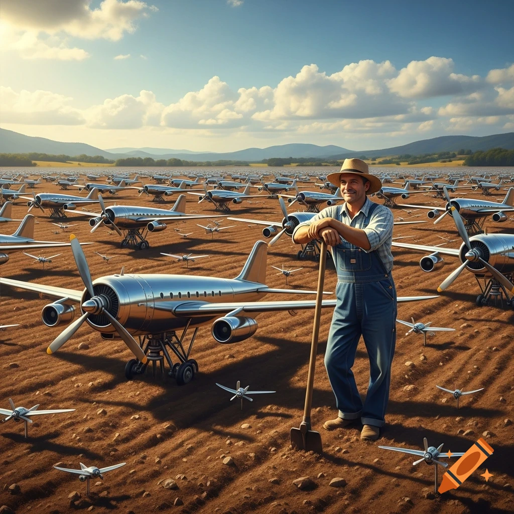 A smiling farmer in overalls leans on a shovel in a vast tilled field, surrounded by rows of small, shiny propeller airplanes.