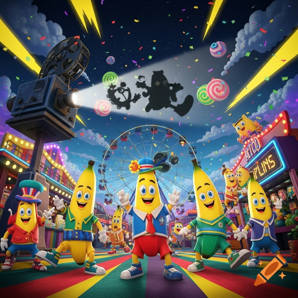 Cartoon banana characters in colorful outfits at a vibrant fairground with a Ferris wheel, projector, and falling confetti.