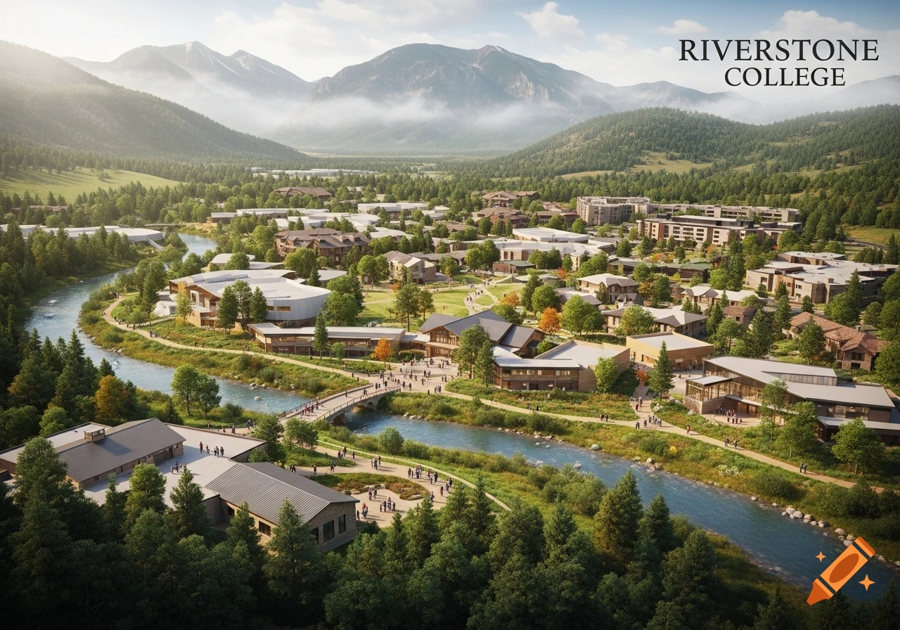 Aerial view of Riverstone College campus nestled in a mountain valley with a winding river, modern buildings, lush forests, and distant peaks.