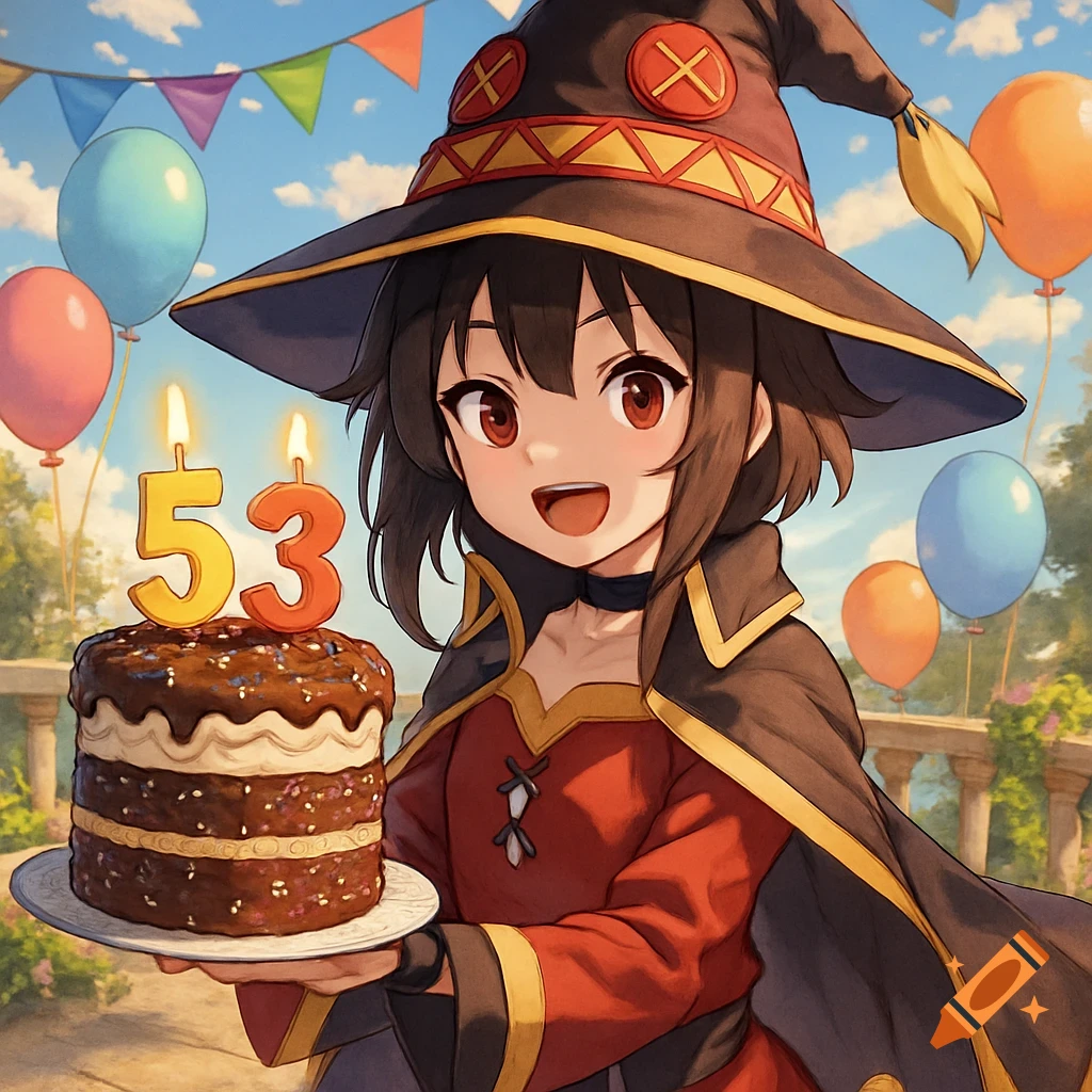 Anime girl Megumin smiles while holding a chocolate birthday cake with 53 candles amidst colorful balloons outdoors.