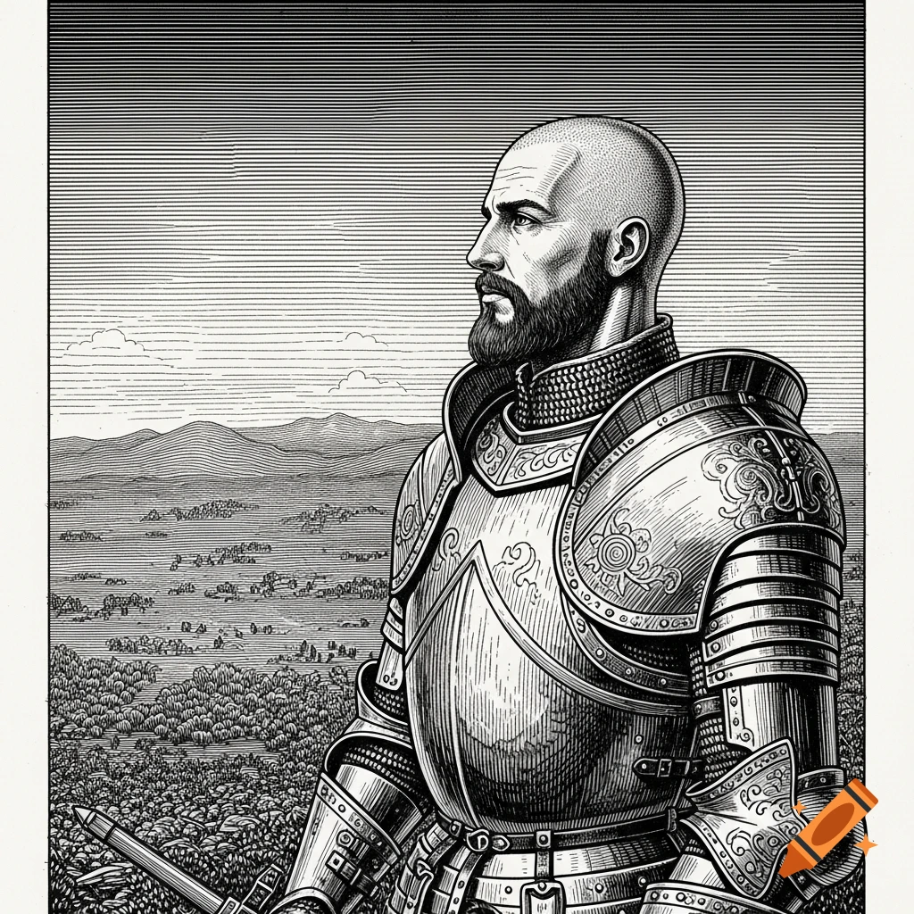 A bald, bearded knight in ornate armor looks thoughtfully towards a mountainous horizon, rendered in a detailed woodcut style.