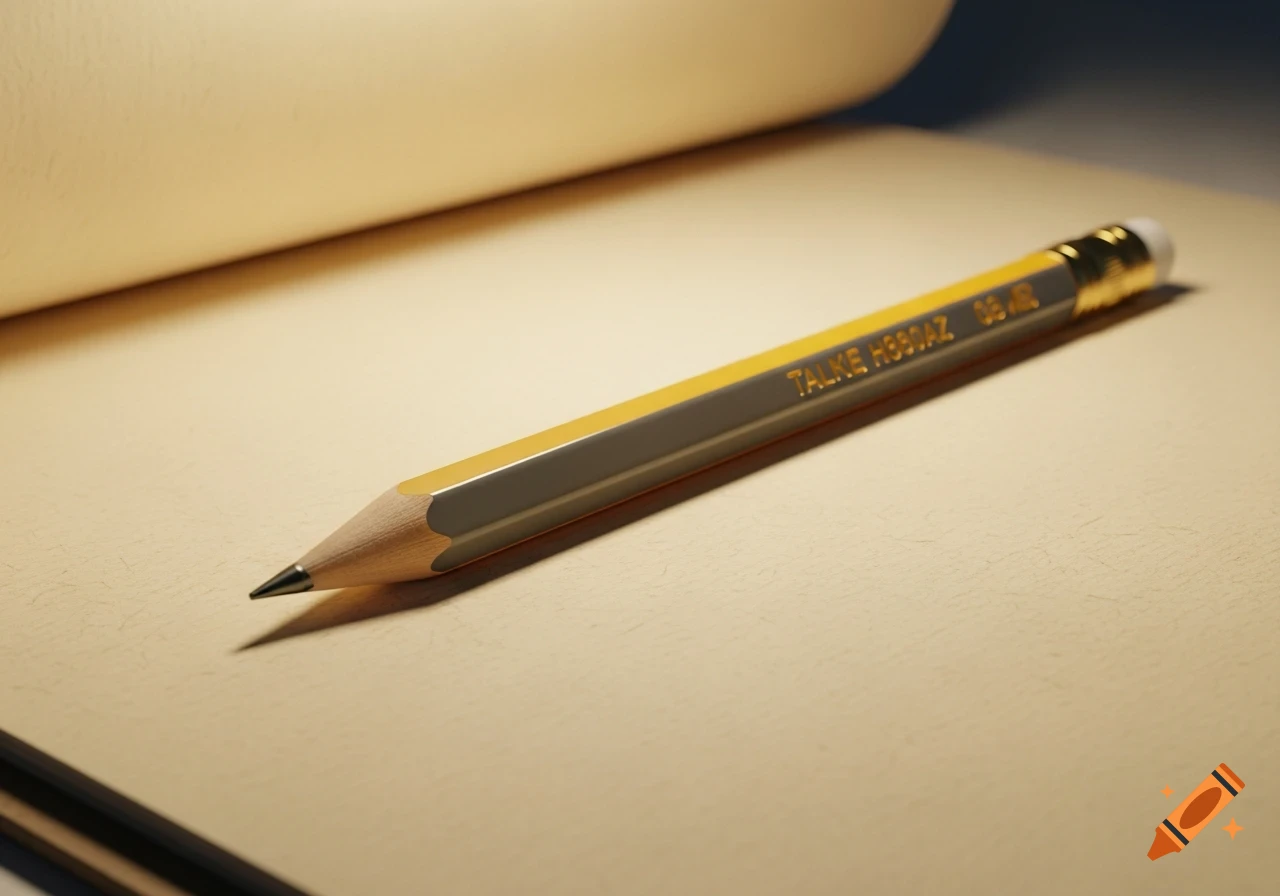 A photorealistic yellow and grey pencil with text on its side, resting on an open blank notebook, lit from above.