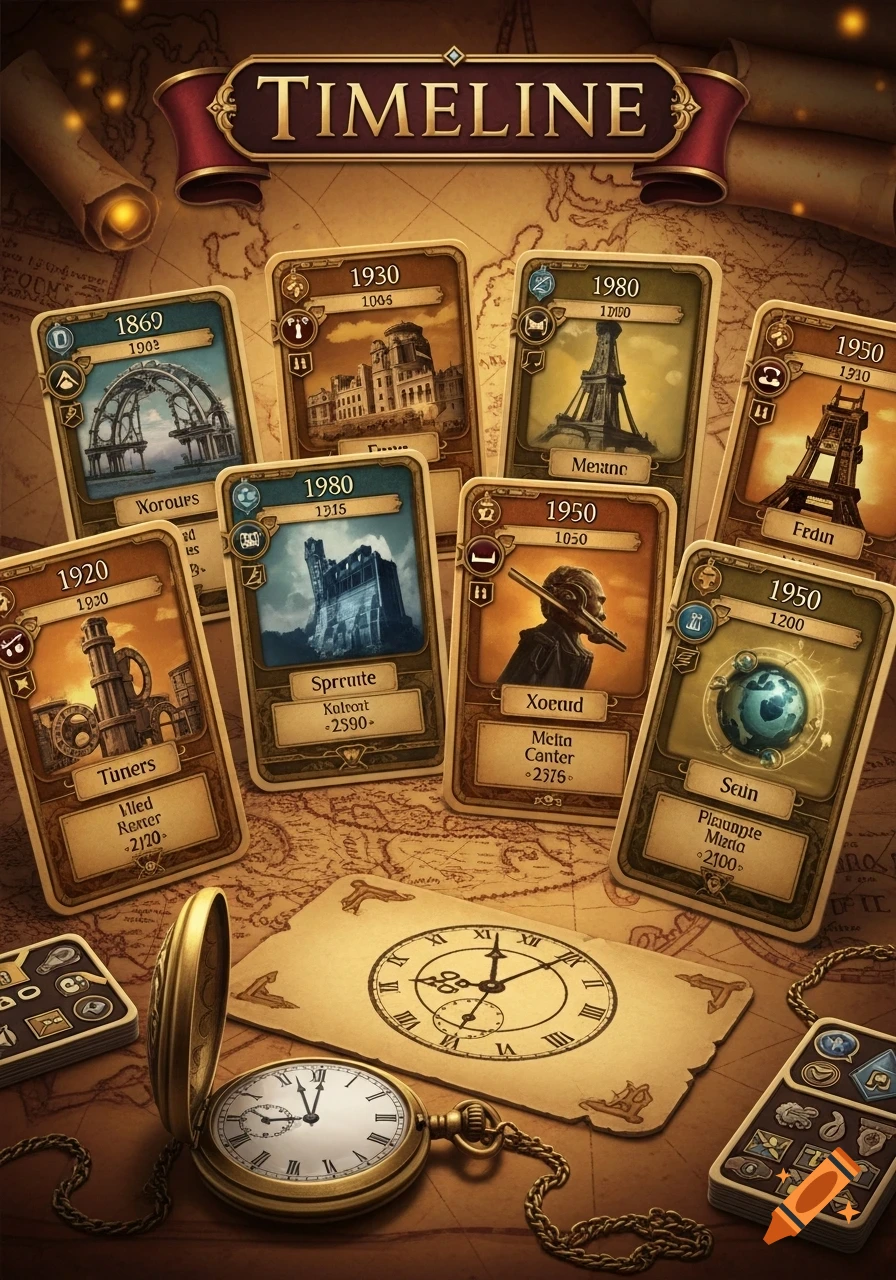 An overhead view of numerous game cards depicting historical scenes and dates spread across an old map, alongside an open pocket watch and other card stacks.