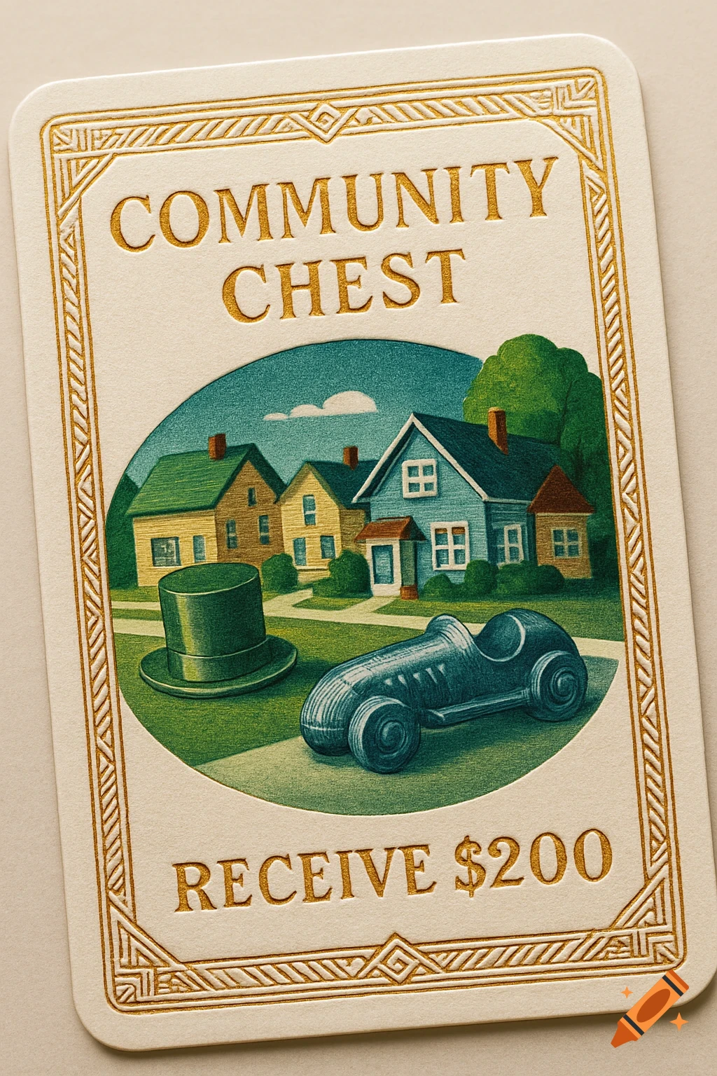 A vintage Monopoly Community Chest card illustration with houses, a top hat, and a race car. Text reads "COMMUNITY CHEST" and "RECEIVE $200".