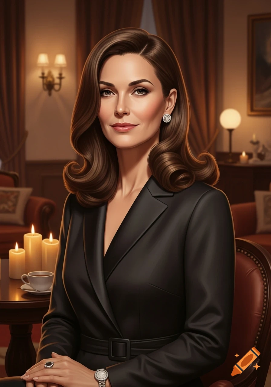 A sophisticated woman with long wavy brown hair and diamond earrings, wearing a black suit, seated in a dimly lit, ornate room with candles.