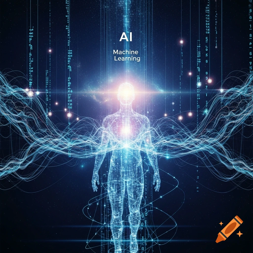 Glowing wireframe human figure surrounded by blue digital streams and light, with 'AI Machine Learning' text above.
