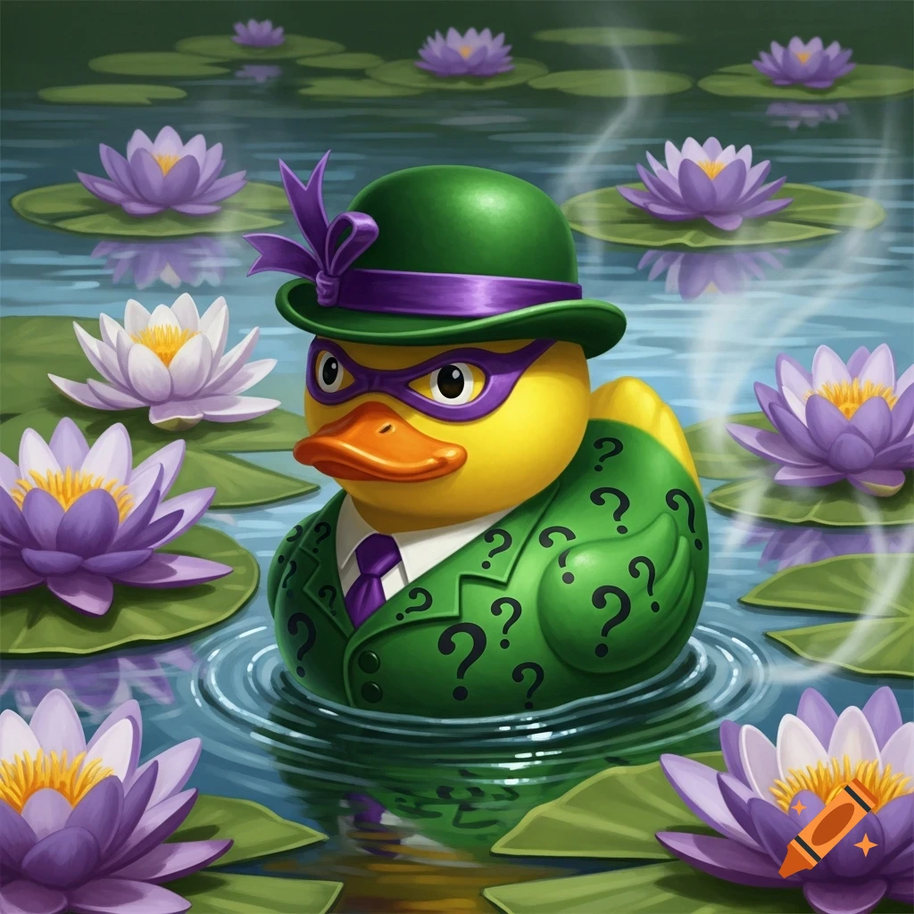 A yellow rubber duck dressed as the Riddler, wearing a green hat, purple mask, and green suit with question marks, floats among water lilies.
