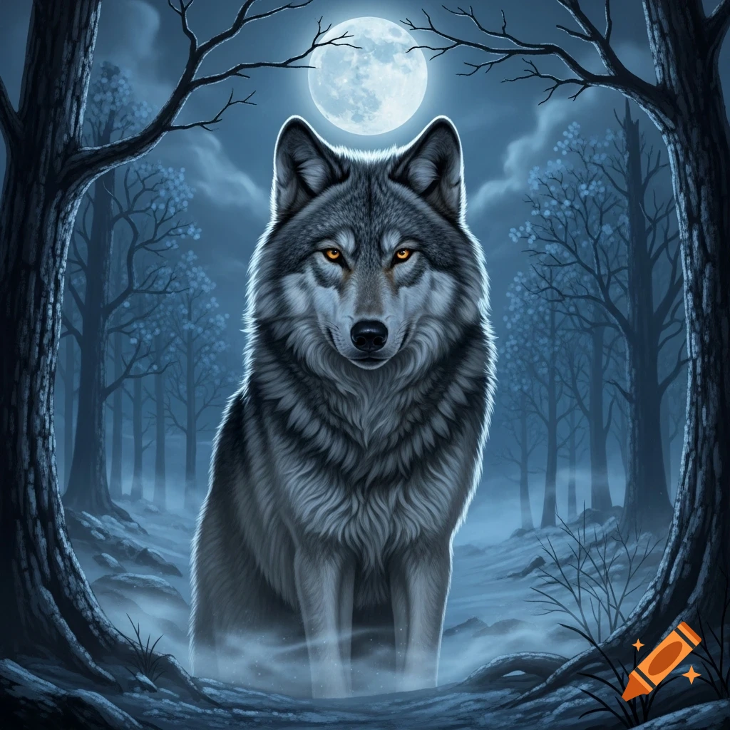 A majestic grey wolf with glowing orange eyes stands in a misty, moonlit forest, surrounded by bare trees, in an illustrative style.