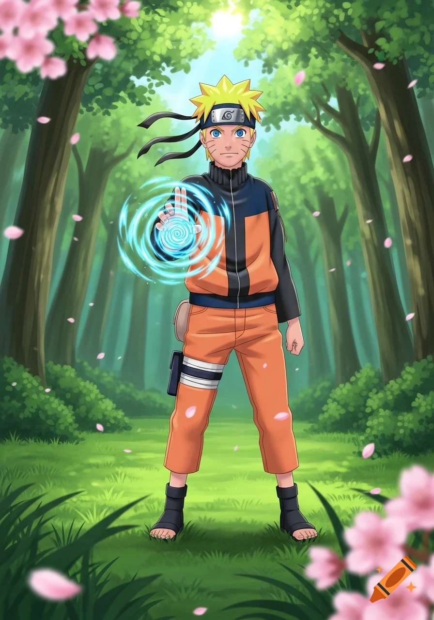 Anime illustration of Naruto Uzumaki in a forest, casting a blue swirling Rasengan from his right hand.