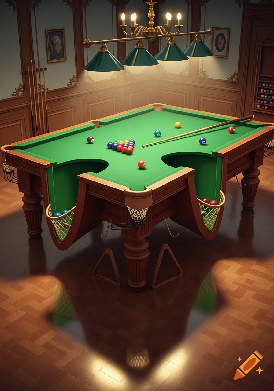A detailed snooker table with unusually large, curved pockets and many balls, set in a wood-paneled room.