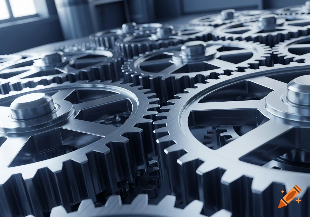 Close-up of numerous metallic gears interlocking, rendered in a cool blue and silver tone, showing intricate machinery.