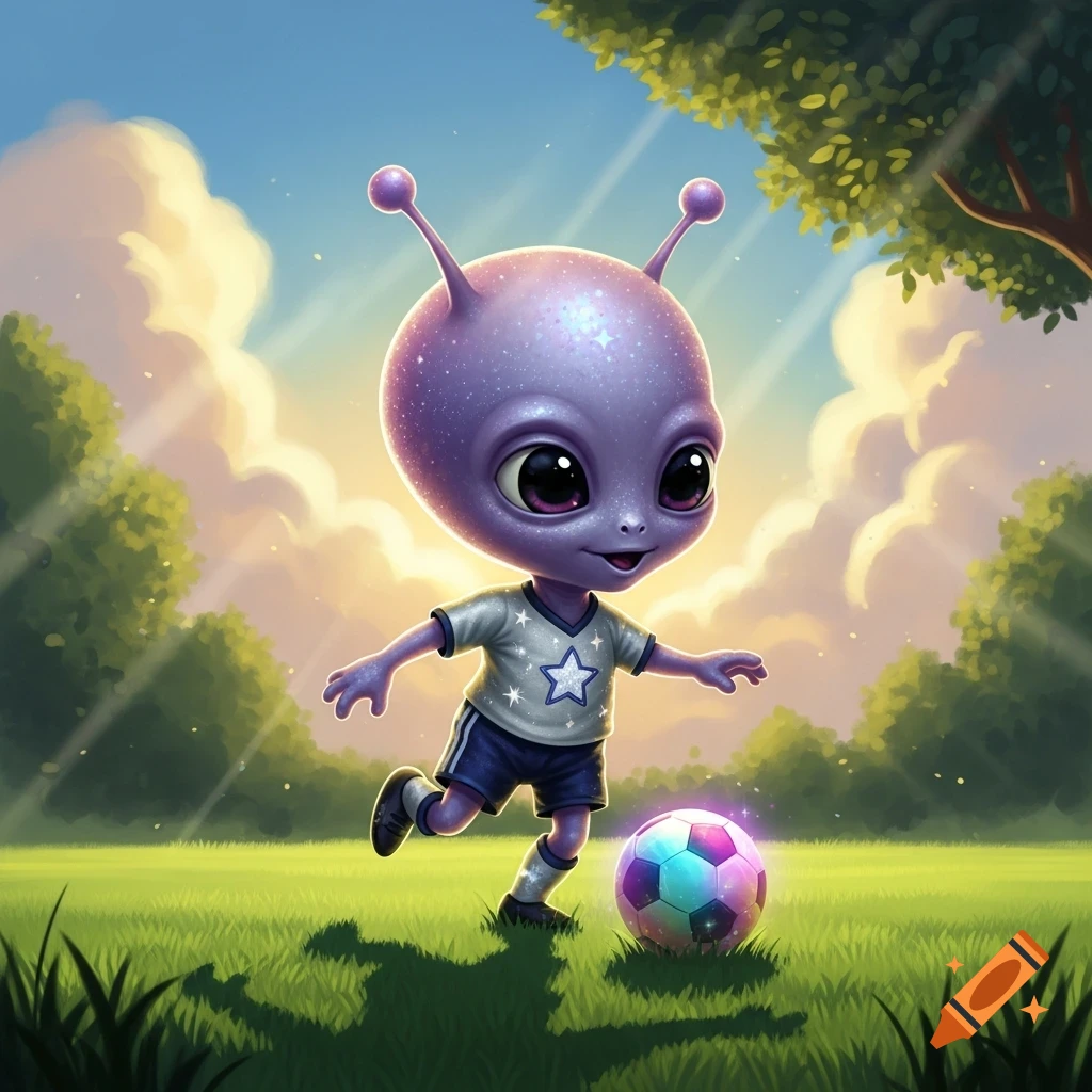 A cute purple alien with large eyes kicks a colorful soccer ball on a sunny green field.
