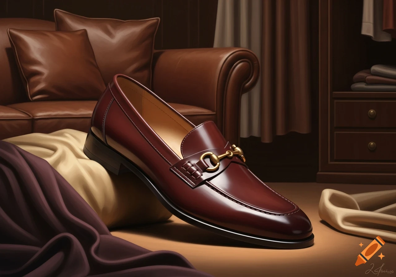 A single burgundy leather loafer with a gold bit sits on draped fabric against a brown leather couch and wardrobe, photorealistic.