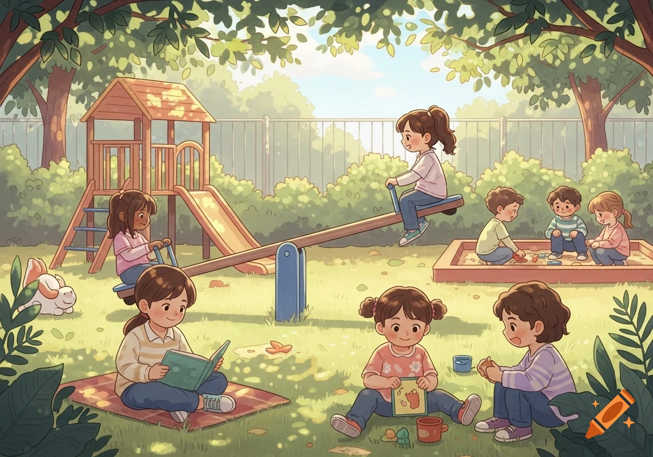 Cartoon illustration of children playing in a sunny park with a playground, seesaw, and sandbox.