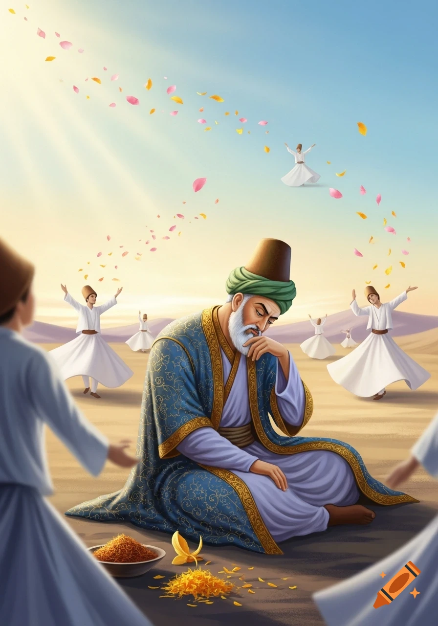 An artistic depiction of an elderly man in traditional robes sitting on desert ground, contemplating, surrounded by whirling dervishes and falling flower petals under a bright sky.