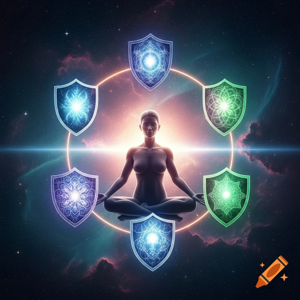 A person meditating in a lotus position, surrounded by six glowing, intricate shields in a cosmic, starry nebula.