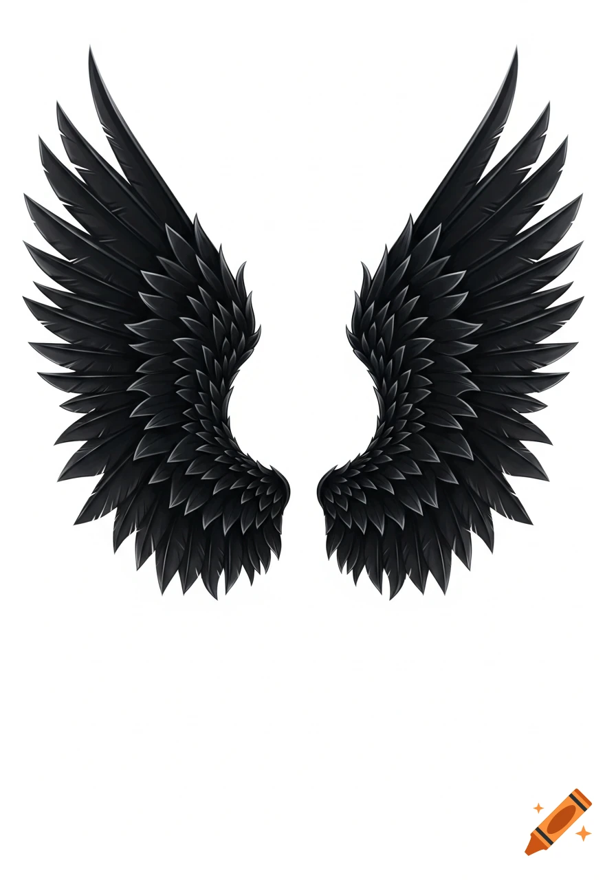 Two large, dark black stylized demon wings with layered feathers on a plain white background.