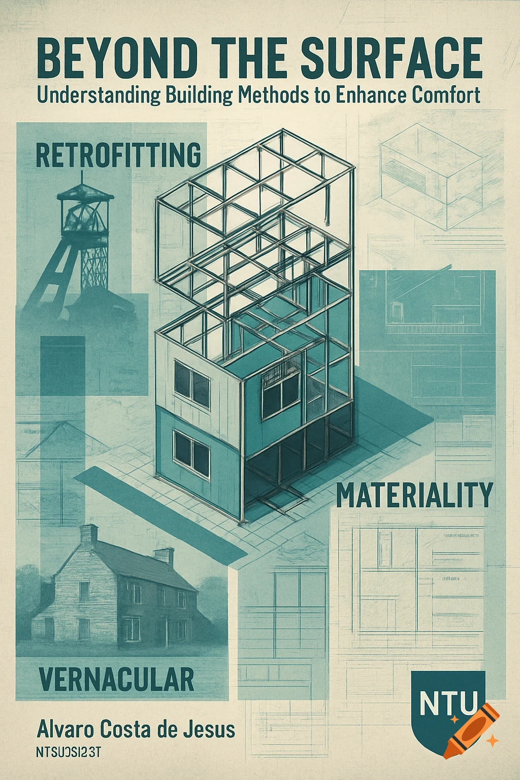 An architectural poster with blueprints and isometric views of buildings, featuring titles like "BEYOND THE SURFACE," "RETROFITTING," and "MATERIALITY," in a teal and off-white color scheme.