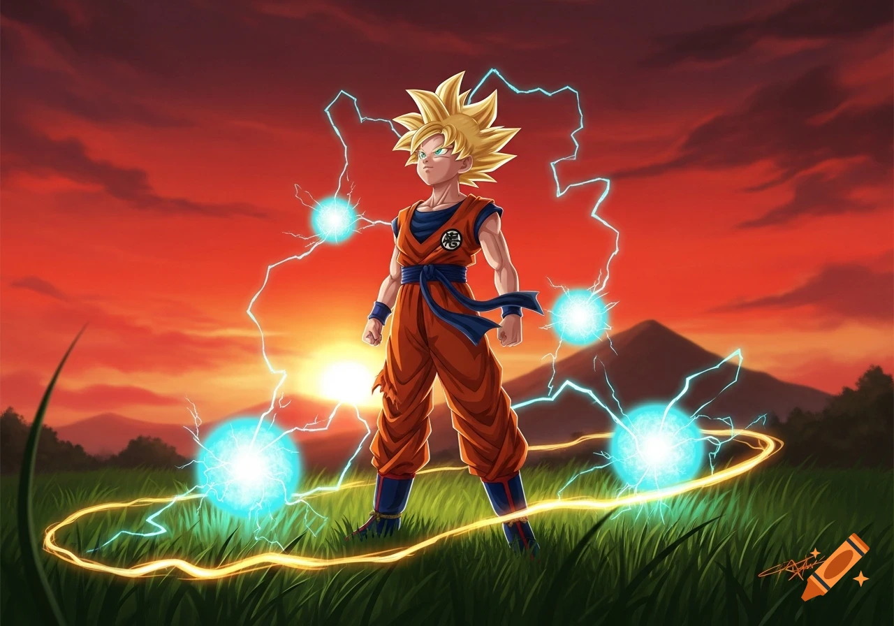 Super Saiyan Goku with glowing energy spheres and lightning in a field at sunset, anime style.