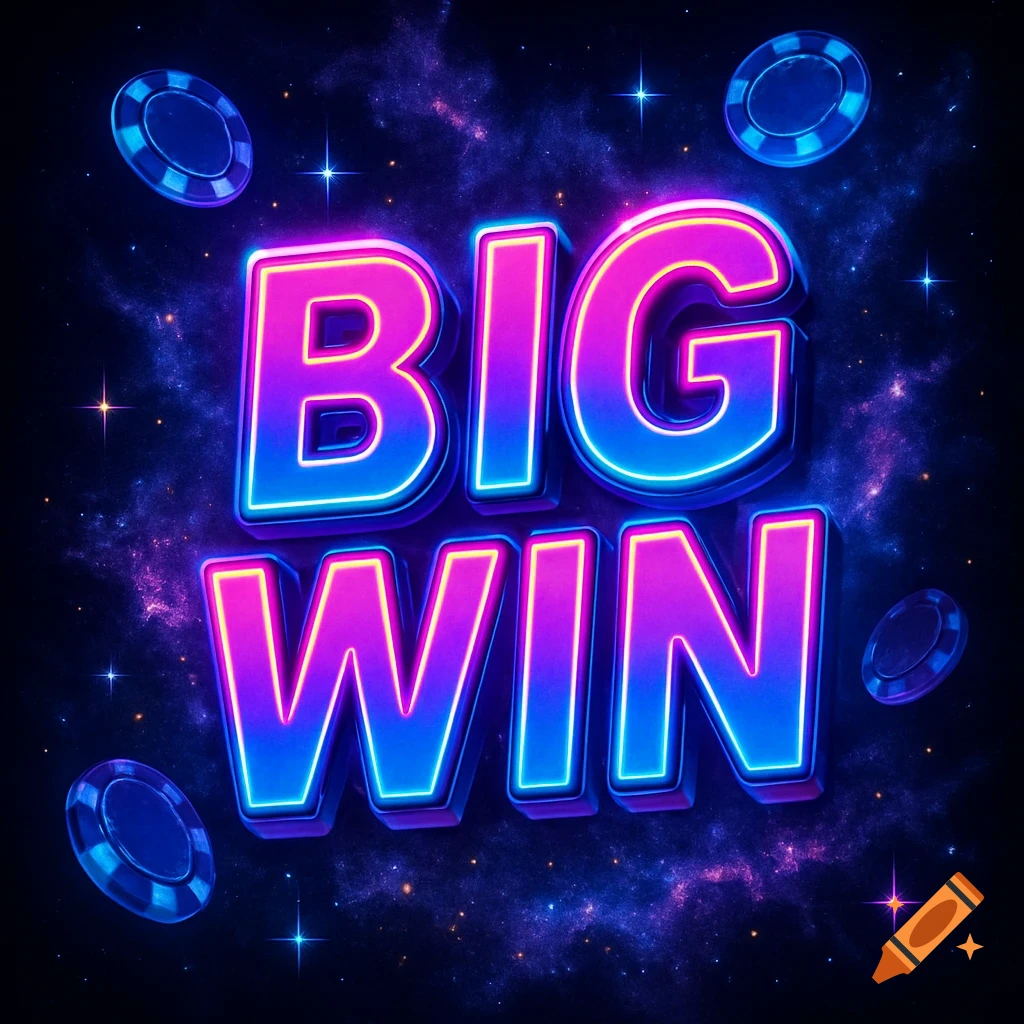 3D neon text 'BIG WIN' in purple and blue, surrounded by blue casino chips and stars against a dark, cosmic background.