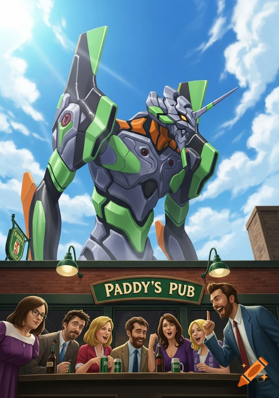 Cartoon-style image of "Always Sunny in Philadelphia" characters at Paddy's Pub, with a giant green Evangelion robot towering above it.