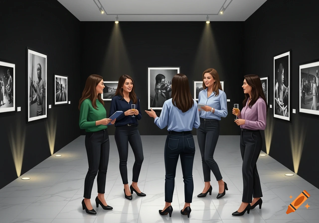 Five women in business casual attire converse in a modern art gallery with black walls and spotlights highlighting black and white photographs.