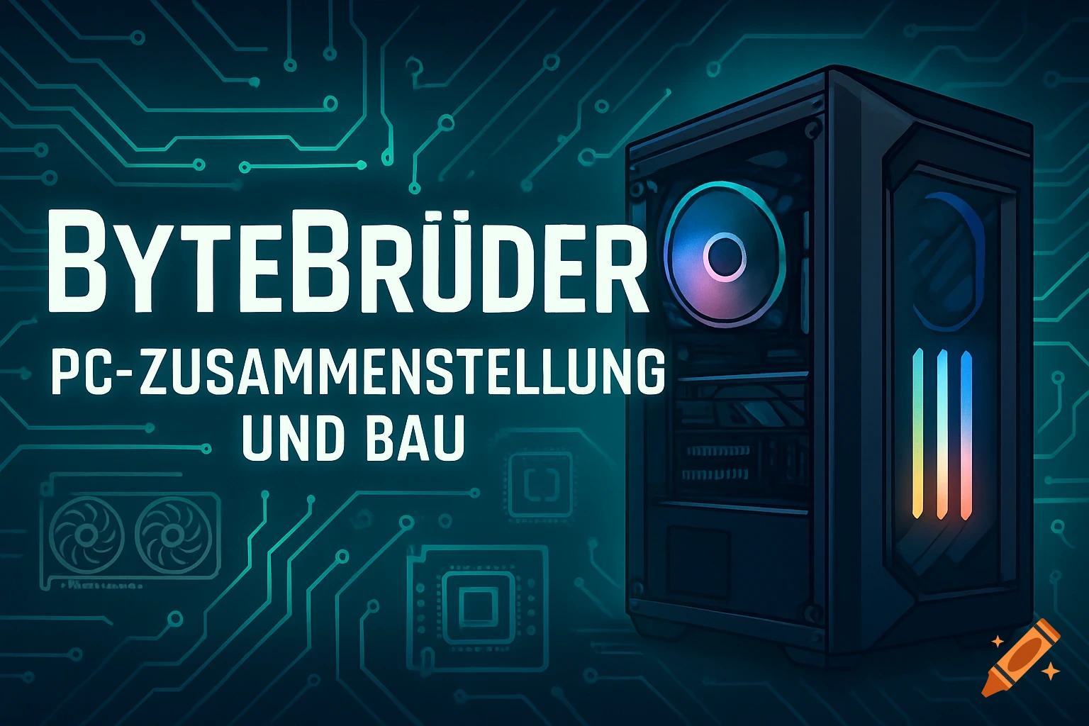 Stylized illustration of a black PC case with RGB lighting and fan against a circuit board background. Text: 'BYTEBRÜDER PC-ZUSAMMENSTELLUNG UND BAU'.