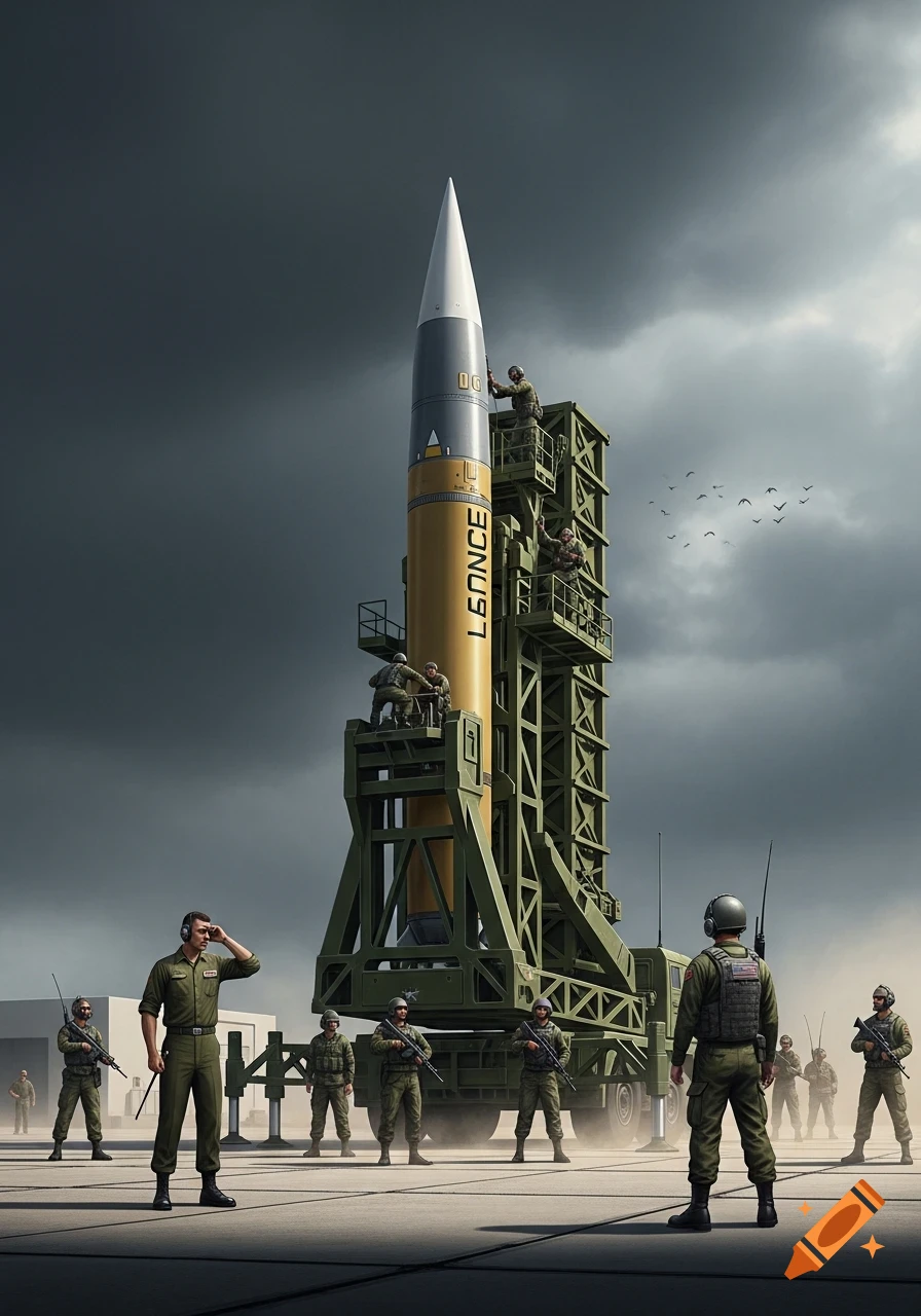 A tall yellow and grey missile on a launcher, surrounded by soldiers in green uniforms on an airfield under a stormy sky, preparing for launch.