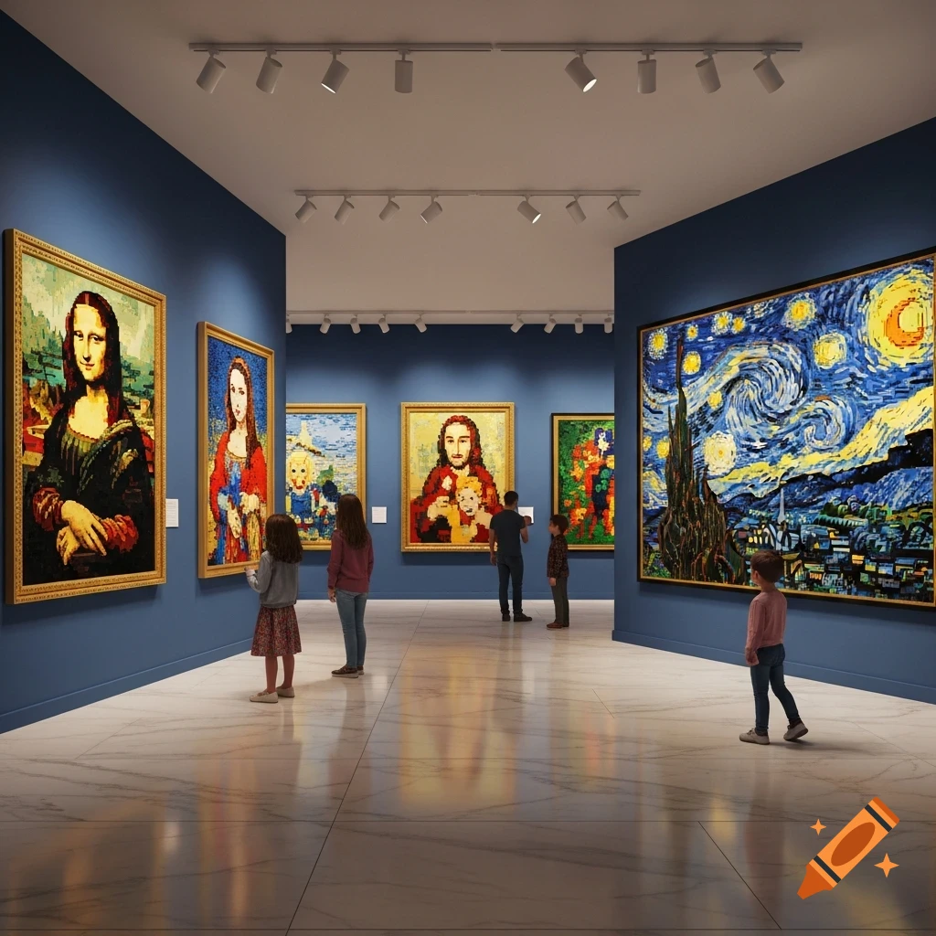 Museum interior displaying Lego versions of famous paintings like Mona Lisa and Starry Night, with visitors.