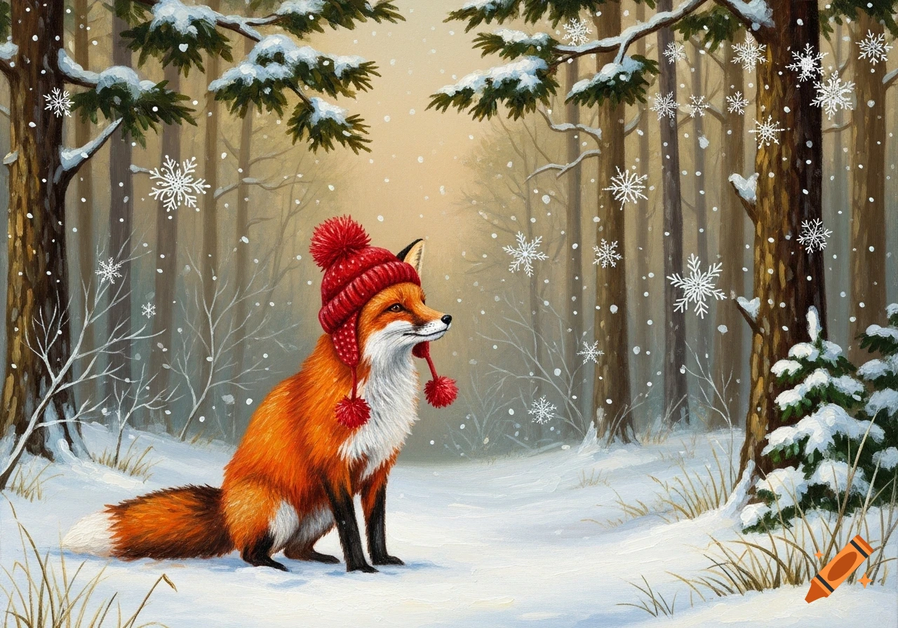 A red fox wearing a red pom-pom hat sits in a snowy forest with falling snowflakes, in an oil painting style.