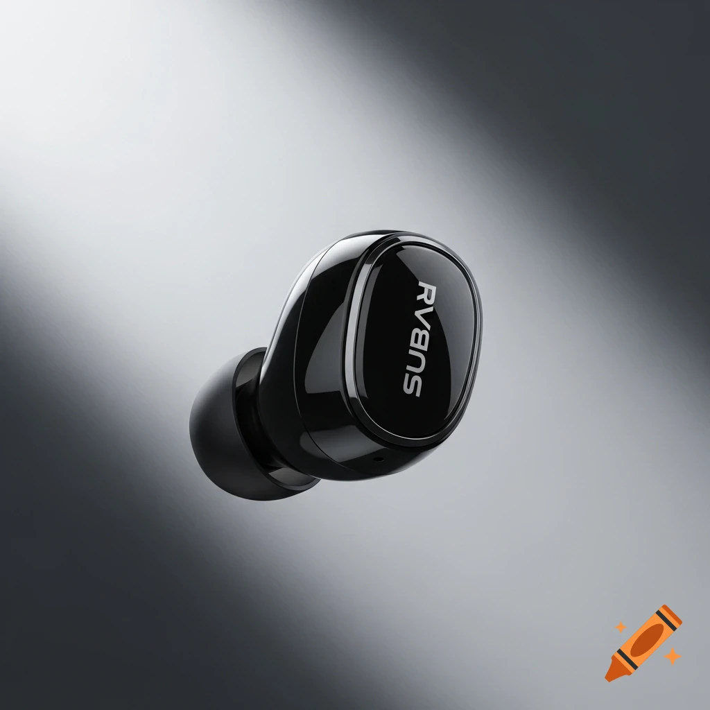 A sleek black wireless earbud with the word 'SUBANS' on it, floating against a grey gradient background.