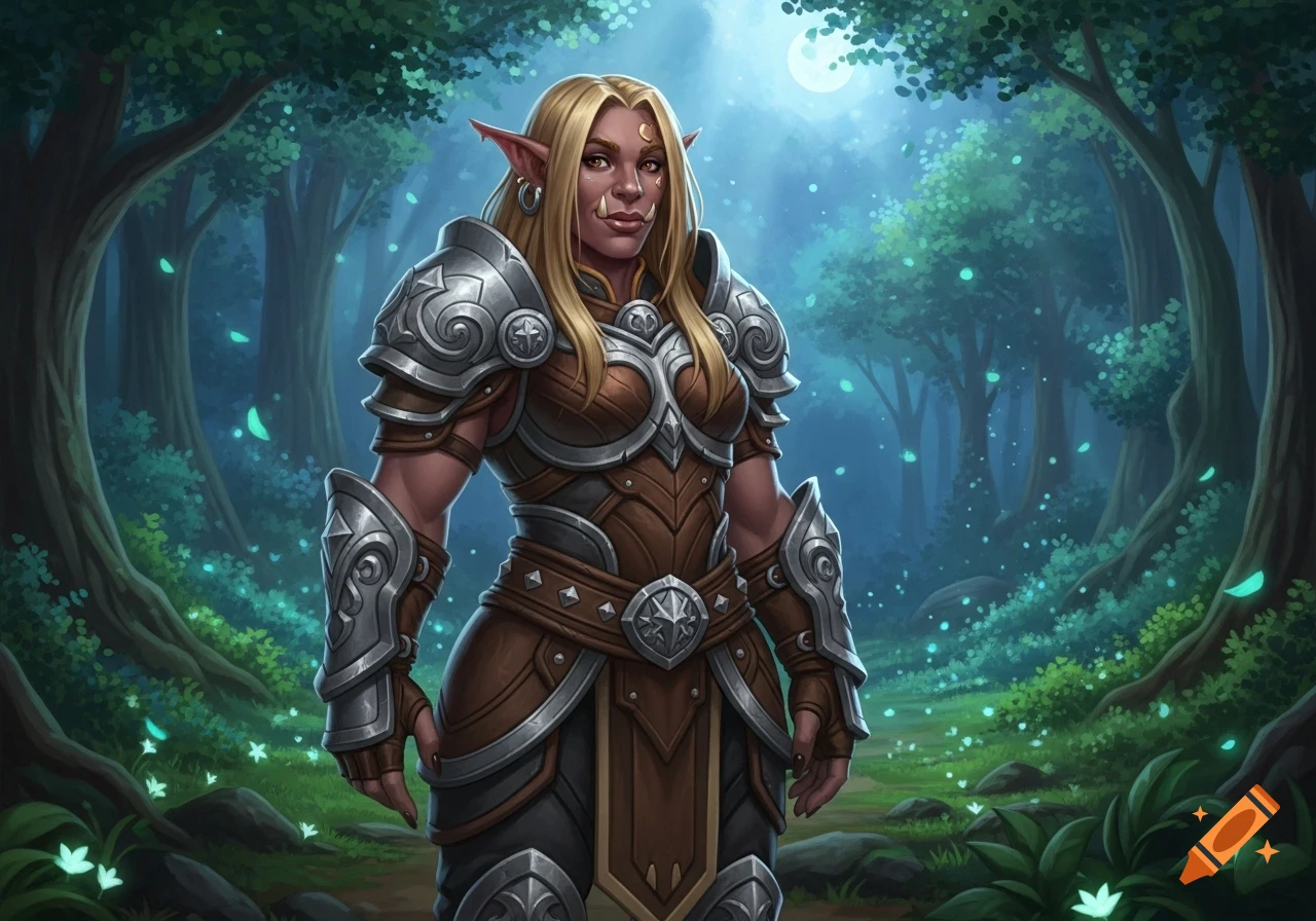 A blonde half-orc warrior in brown and silver armor stands in a glowing magical forest at night, illustration.