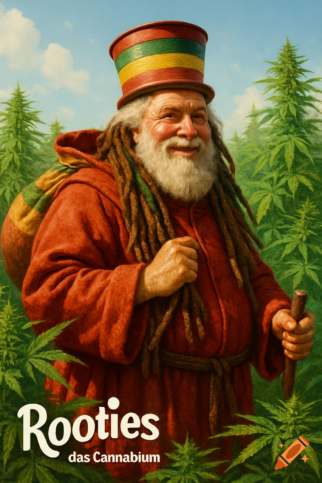 A smiling Santa-like man with dreadlocks, a Rasta-colored top hat, and a bag stands in a vibrant cannabis field.