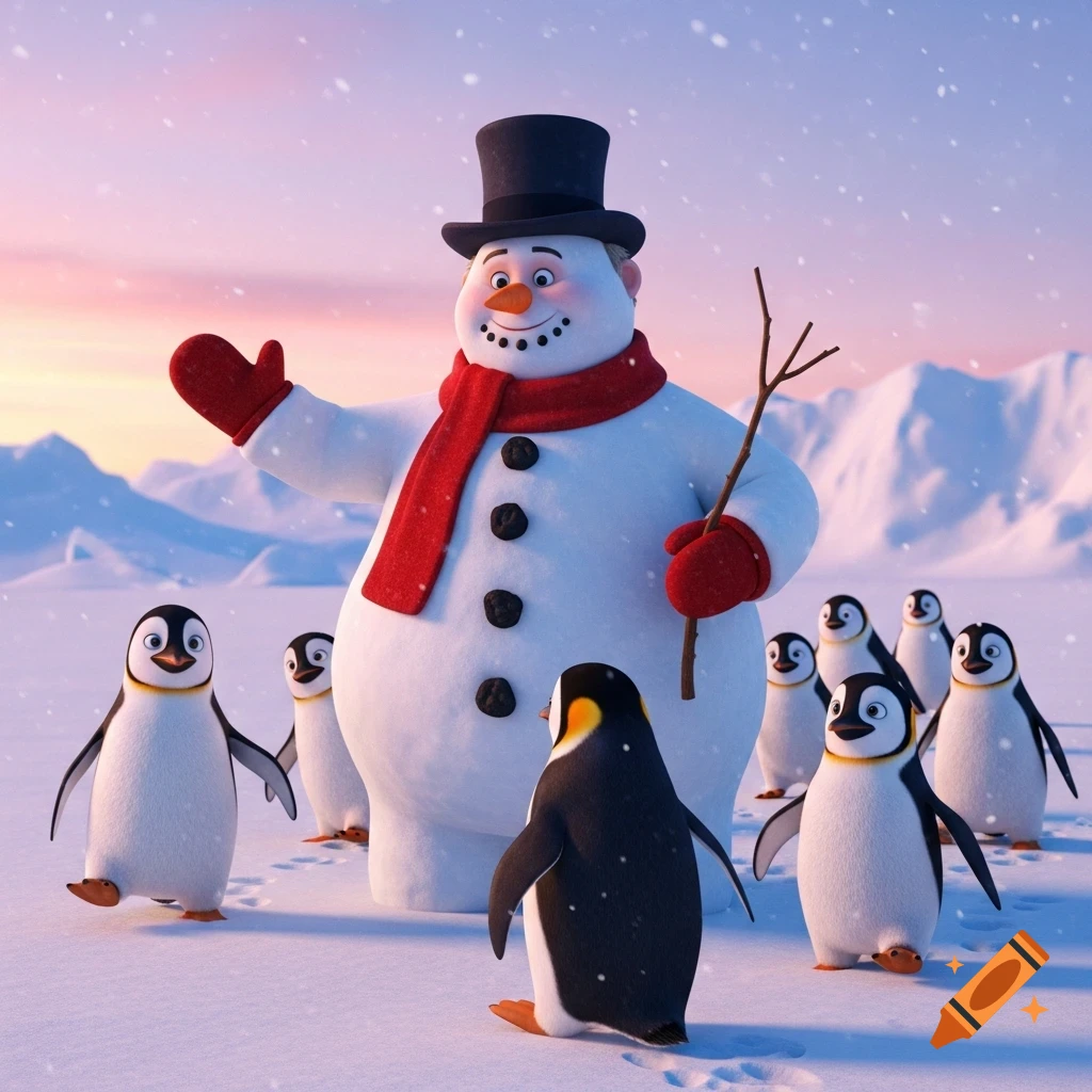 A cheerful snowman with a top hat and red scarf waves, surrounded by cute penguins in a snowy landscape with a soft pink and blue sky.