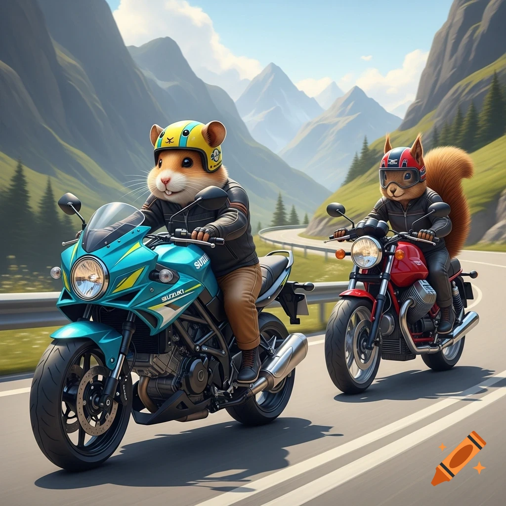 A hamster on a turquoise and yellow Suzuki motorcycle and a squirrel on a red Moto Guzzi motorcycle ride happily on a winding mountain road.
