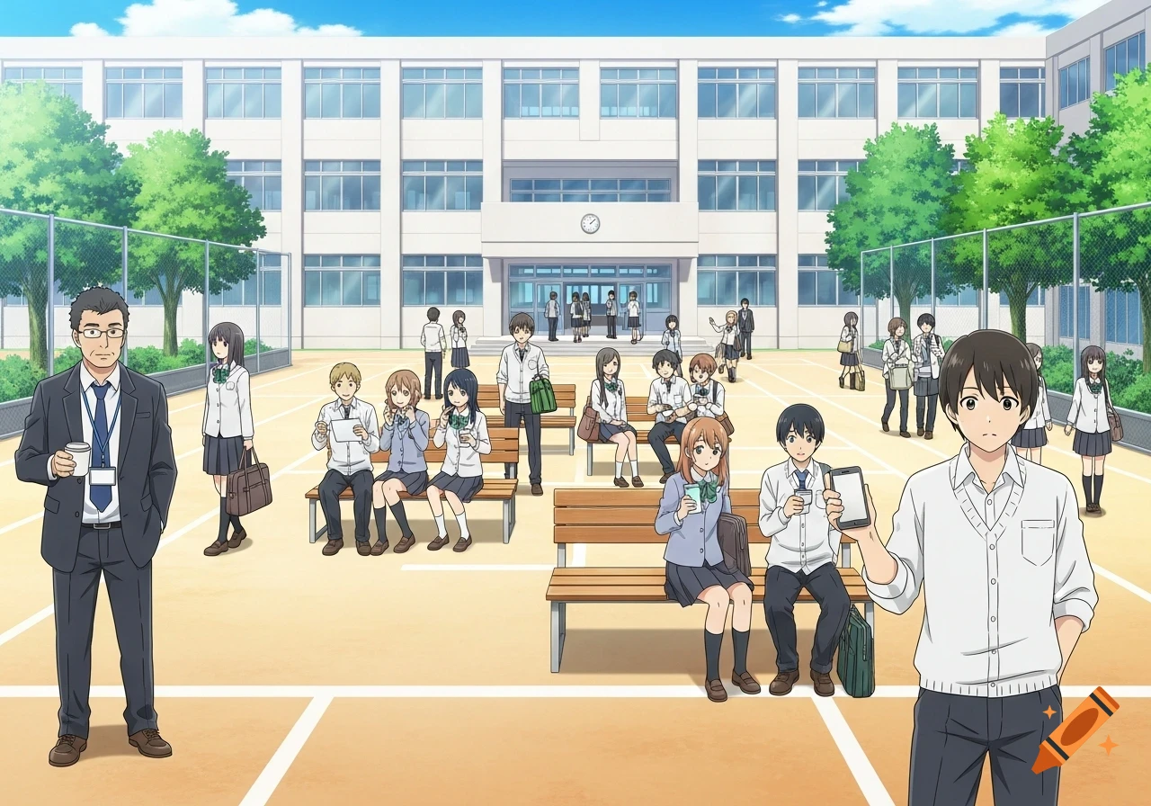 Anime illustration of a busy schoolyard with students on benches and a teacher watching with coffee. Bright and cheerful.