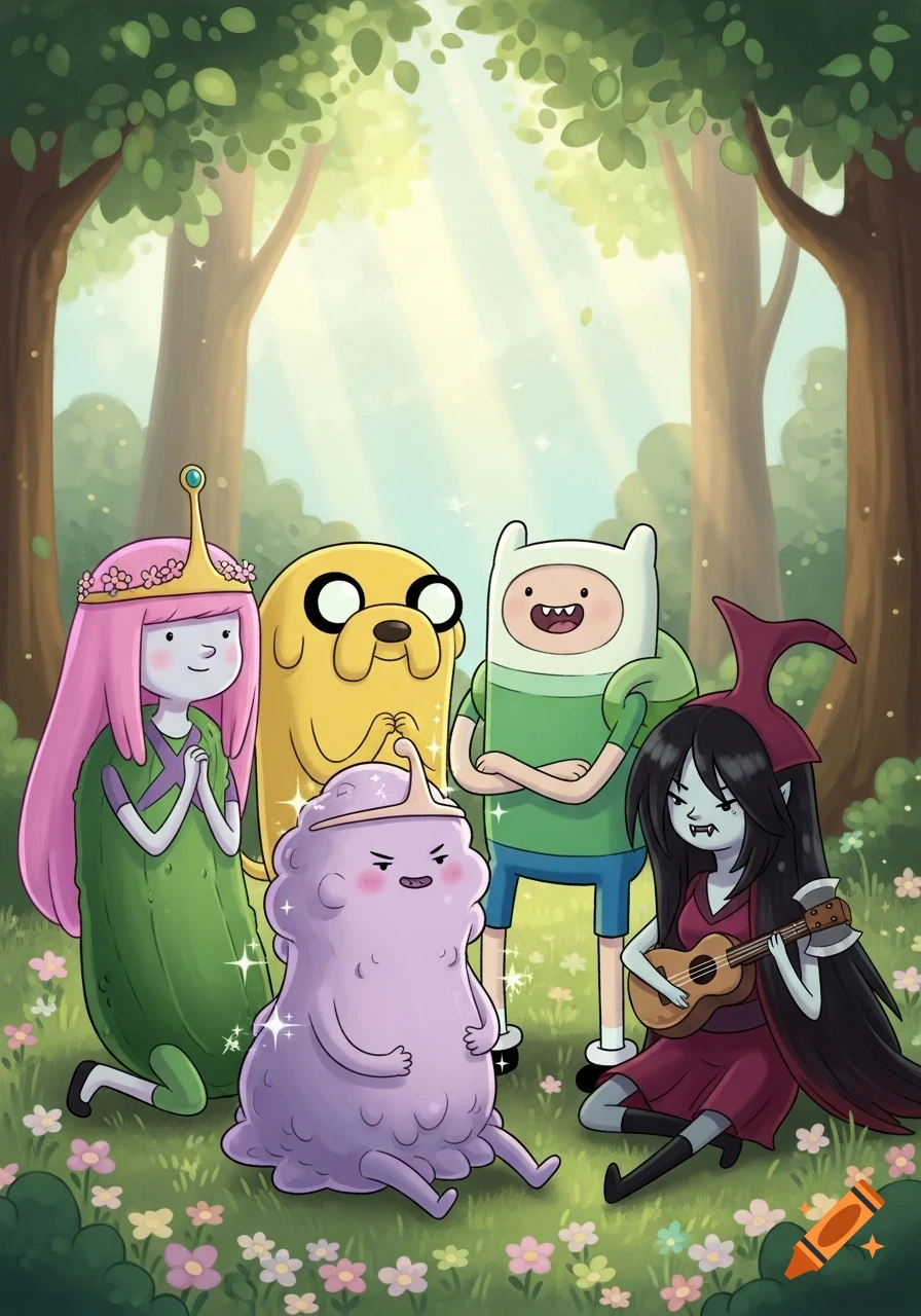 Cartoon illustration of Adventure Time characters including a pickle-like Princess Bubblegum, Jake, Finn, Lumpy Space Princess, and Marceline playing a ukulele, in a sunny forest.