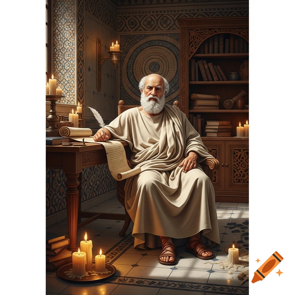 An old man with a white beard, dressed in a toga, sits at a desk writing on a scroll with a quill in a room filled with books and candles.