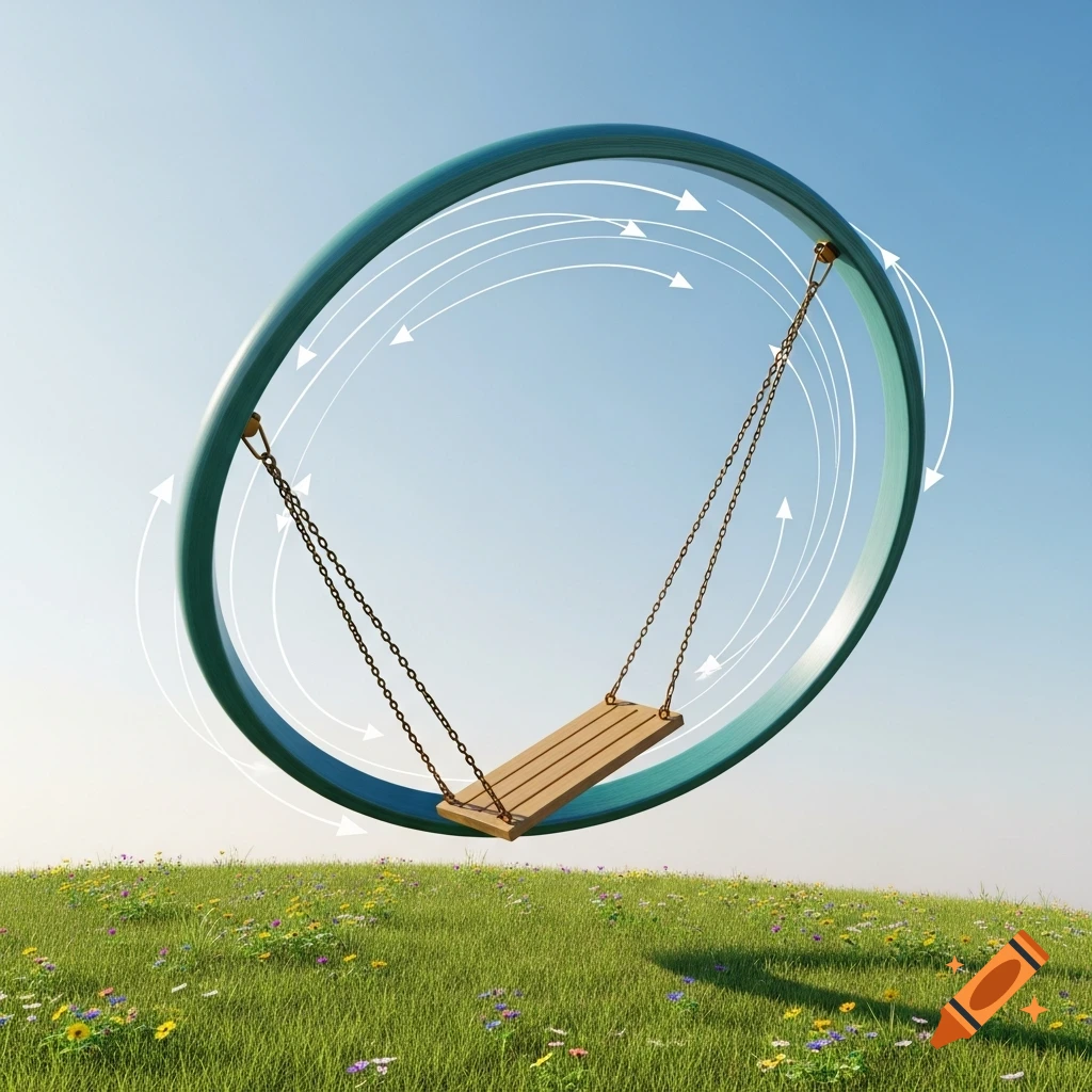 A wooden swing with chains hangs inside a large, tilted teal ring on a grassy hill. White arrows indicate circular motion around the ring under a blue sky.