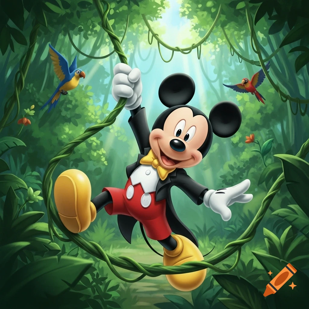 Mickey Mouse swings on a green vine in a lush jungle with two colorful parrots flying nearby.