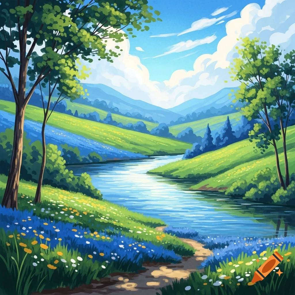 A vibrant, stylized landscape features a winding blue river flowing through green hillsides dotted with colorful wildflowers under a bright sky.