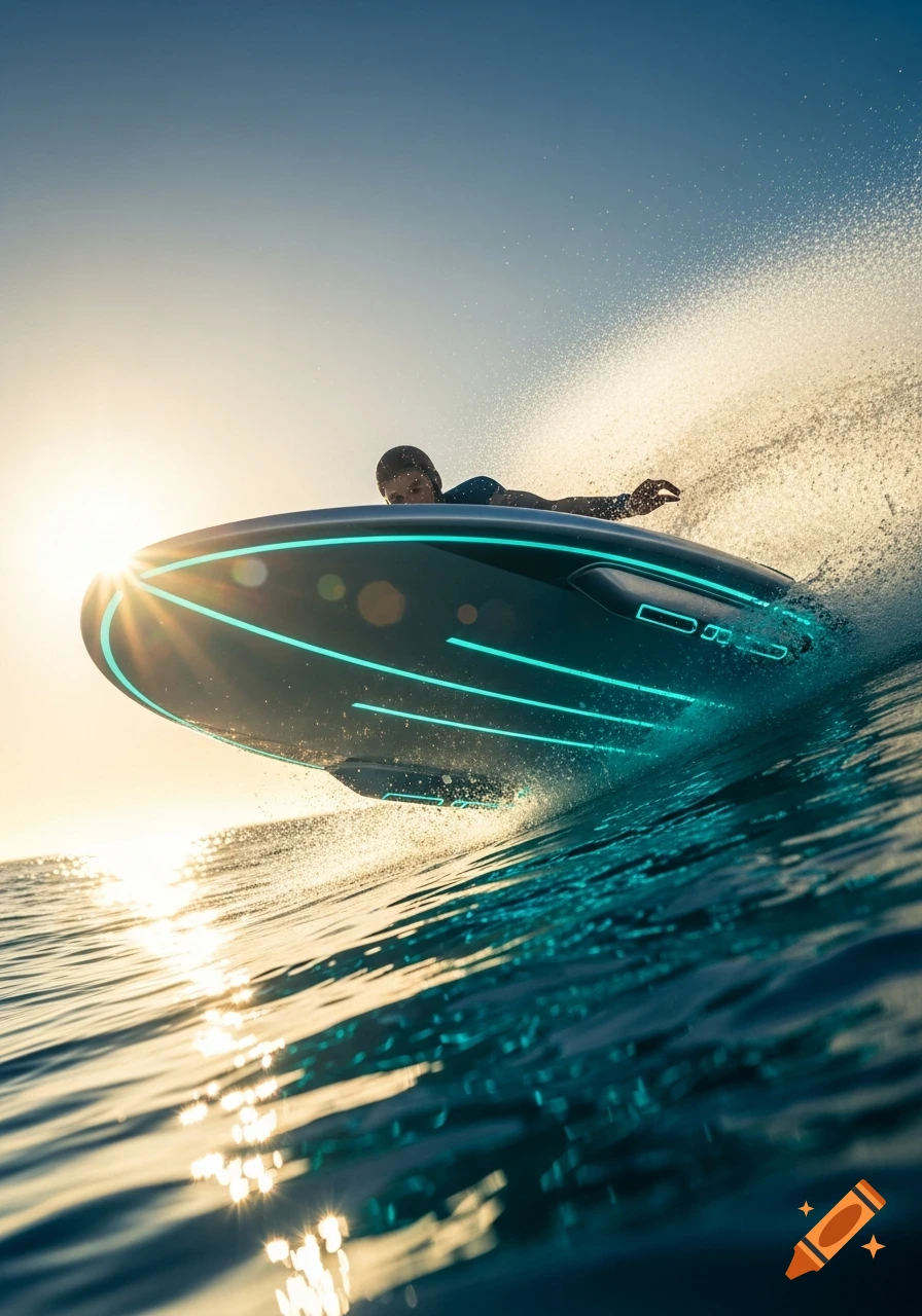 A person on a sleek, dark electric surfboard with glowing blue accents rides a wave as the sun sets, creating a bright flare.