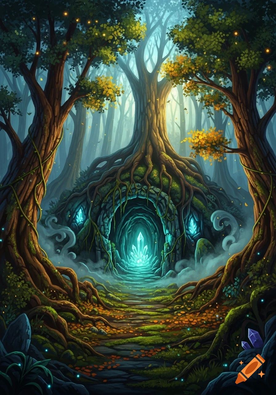 A vibrant, magical fantasy forest with large ancient trees framing a glowing cave entrance, illuminated by turquoise crystals.