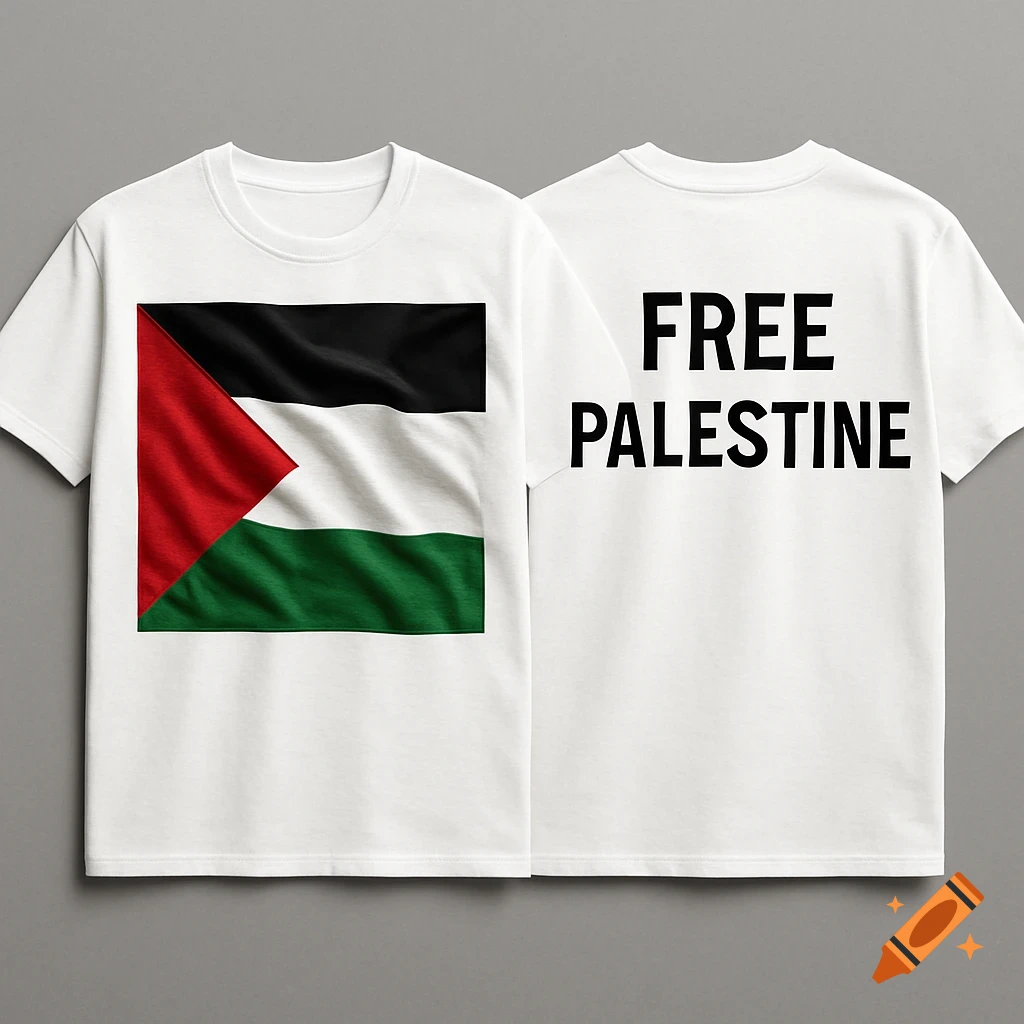 A white t-shirt mockup displaying the Palestinian flag on the front and 'FREE PALESTINE' text on the back.