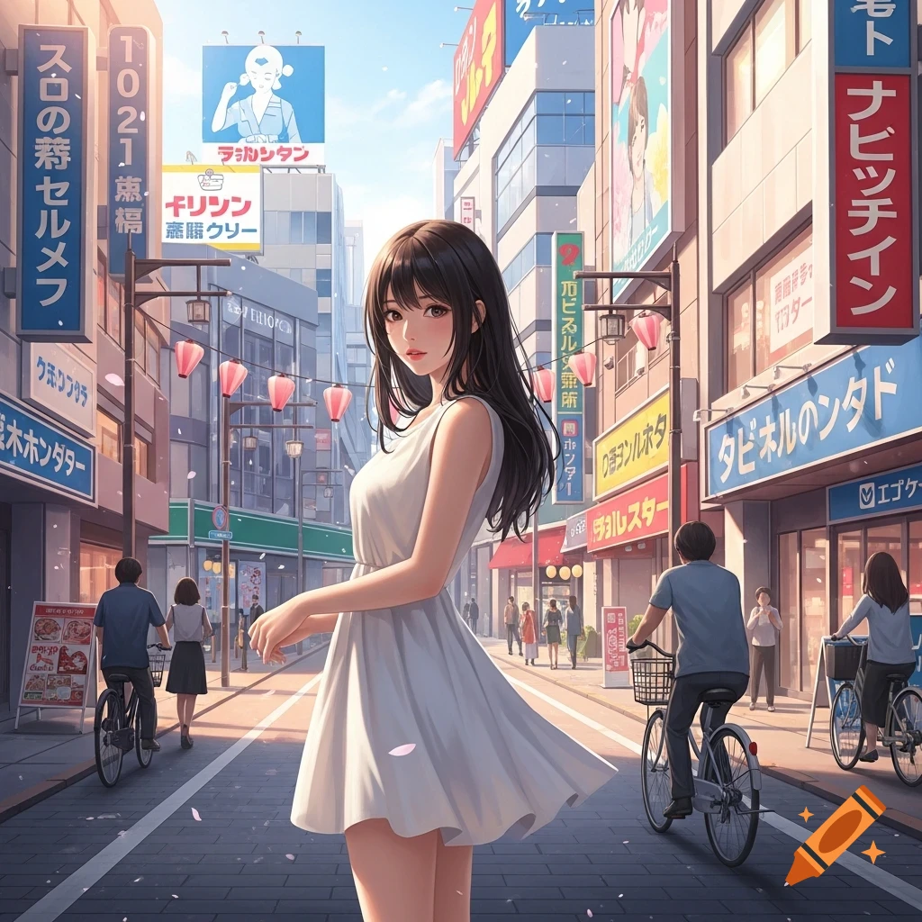 An anime-style young woman with long dark hair in a white dress stands in a bustling Japanese city street with shops and lanterns.