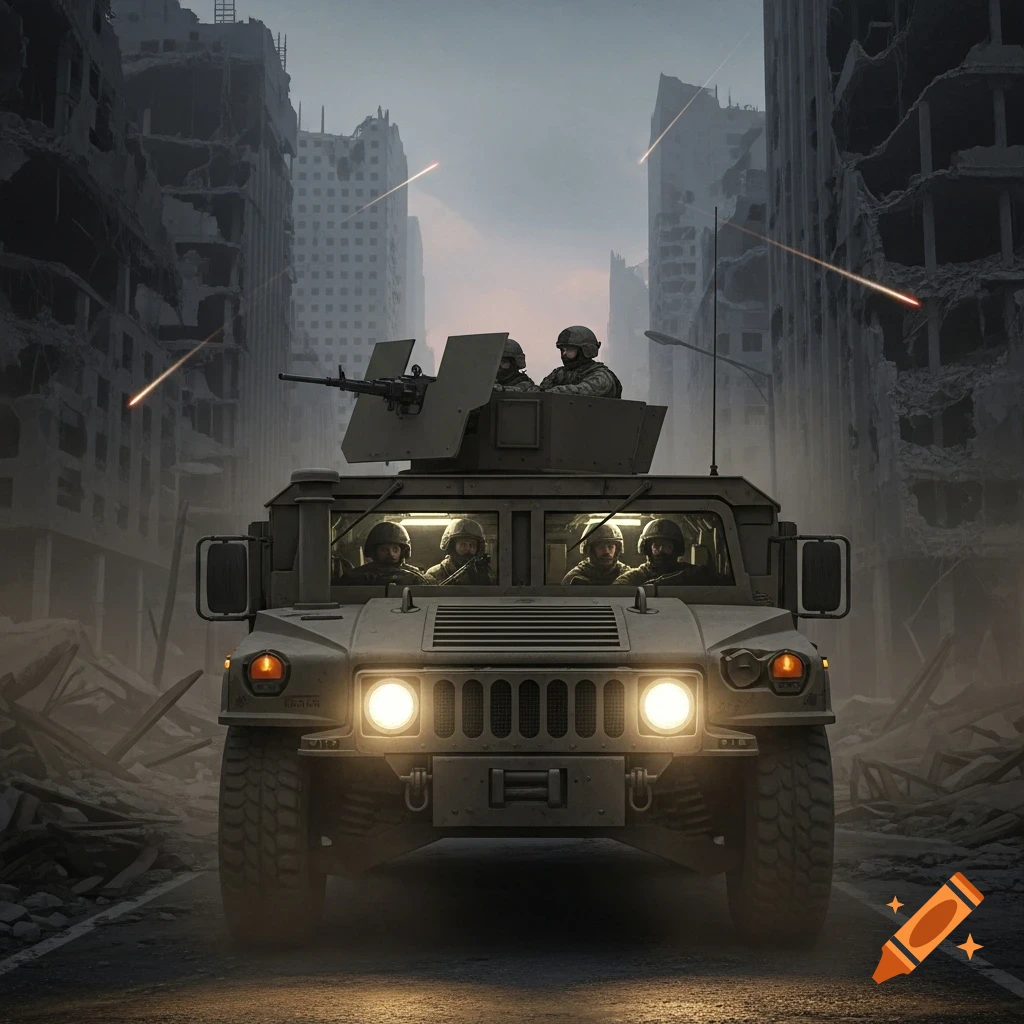 A military Humvee with soldiers drives through a shattered, war-torn city at dusk with tracer rounds streaking across the sky.